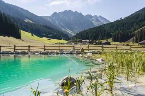 a pool of water with mountains in the background at Traumhotel Alpina Superior Adults only Hotel in Gerlos