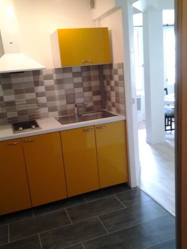 - une cuisine avec des placards jaunes et un évier dans l'établissement Studio face au lac, à Bagnoles-de-l'Orne