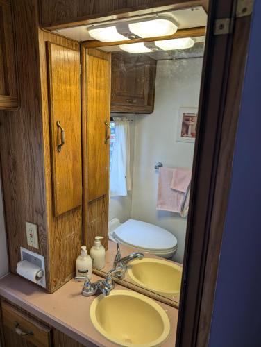 a bathroom with a sink and a toilet and a mirror at Stay RV Redcliff in Redcliff