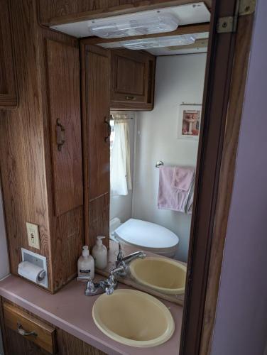a bathroom with a sink and a mirror at Stay RV Redcliff in Redcliff
