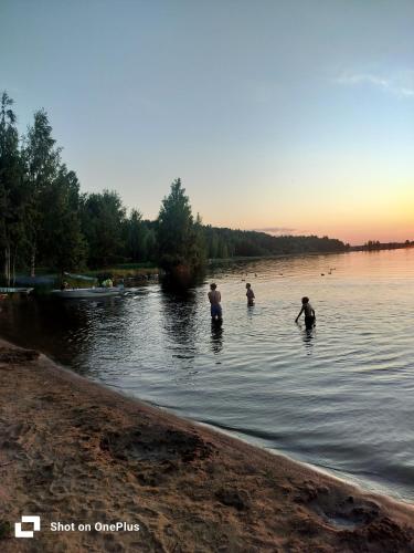 a group of people standing in the water at Retro House in Savonlinna