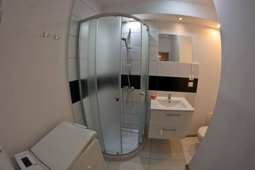a bathroom with a glass shower and a sink at Pokój jednoosobowy do wynajęcia w mieszkaniu in Toruń