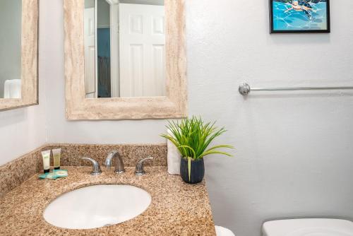 a bathroom with a sink and a mirror and a toilet at MV3220 Modern Beautiful Tropical Gardenview in Kihei