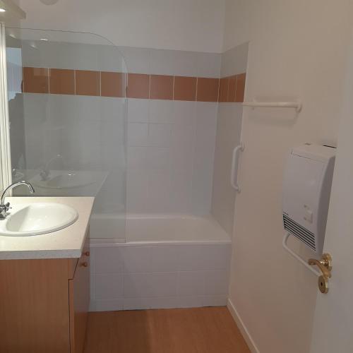 une salle de bain avec un lavabo, une baignoire et une douche dans l'établissement Studio relooké Le Grand Tétras 2 étoiles, à Aulus-les-Bains