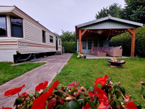 a house with a yard with red flowers at Familychalet De Schaapskooi, 6-persons, big private garden, dogs aloud in Westergeest