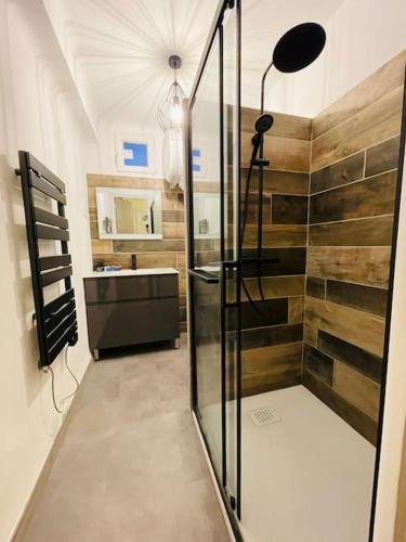 une salle de bain avec une douche en verre et un lavabo dans l'établissement Appartement au coeur de Céreste-en-Luberon, à Céreste