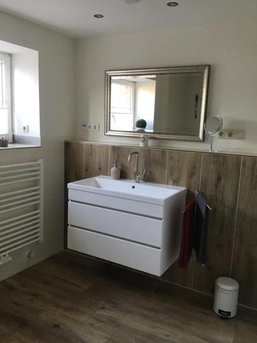 a bathroom with a white sink and a mirror at Ferienwohnung Adam in Wisch
