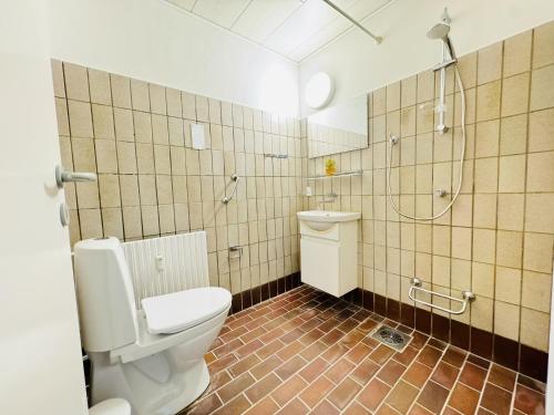 a bathroom with a toilet and a shower at aday - Solsortvej Suite 2 Randers in Randers