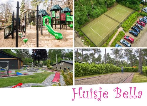 a collage of four pictures of a playground at Chalet huisje Bella op de Veluwe max 2 volwassene in Beekbergen
