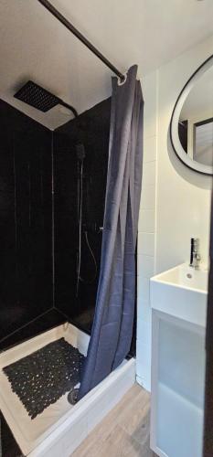 une douche avec un rideau de douche bleu dans une salle de bain dans l'établissement Le Paille - Studio chic cosy - HyperCentre - WIFI, au Mans
