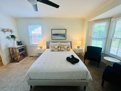 a bedroom with a bed and a chair and windows at Homey little Suite in Columbia TN in Columbia