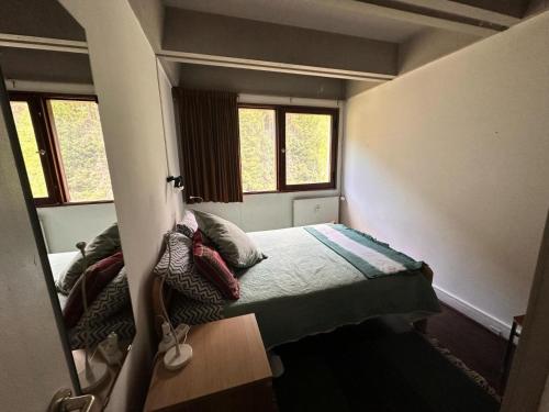 Cette petite chambre comprend un lit et deux fenêtres. dans l'établissement Résidence Cassiopee - Appartement tout confort · proche des pistes · WIFI gratuit · vue pistes MAE-0471, à Magland