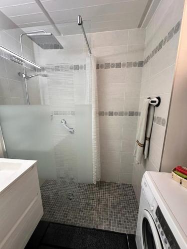 une salle de bain avec douche et machine à laver dans l'établissement Résidence Cassiopee - Appartement tout confort · proche des pistes · WIFI gratuit · vue pistes MAE-0471, à Magland