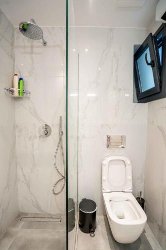 a bathroom with a toilet and a glass shower at The Nightingale in Ioannina