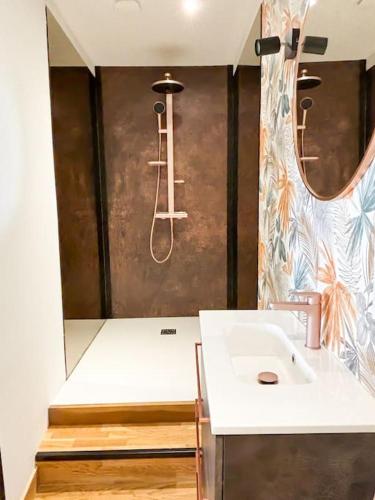 une salle de bain avec un lavabo et une douche dans l'établissement Appartement côté jardin - centre, à Aleçon