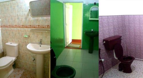 zwei Bilder eines Badezimmers mit Toilette und Waschbecken in der Unterkunft Haniffas Holiday Inn in Kandy