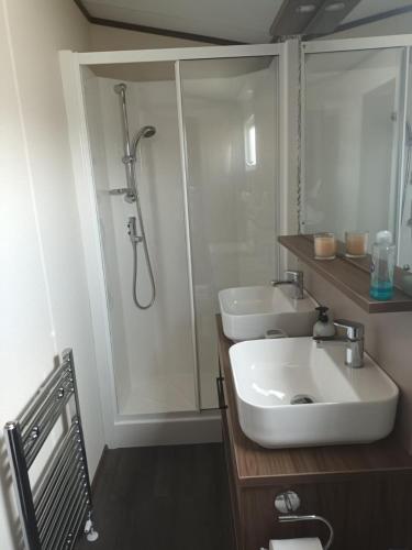 a bathroom with a white sink and a shower at Beechwood 20 in Camber