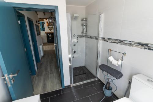 a bathroom with a shower with a glass door at Cantinho do Bairro Alto in Alijó