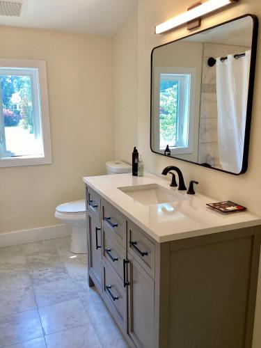 a bathroom with a sink and a toilet and a mirror at Riva Loft with a View in Riva
