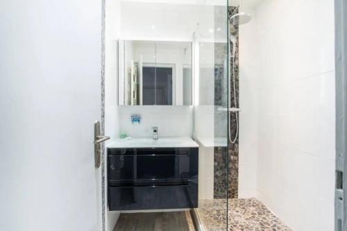 une salle de bain avec un lavabo et une douche dans l'établissement PASTEUR - Bel appartement familial Pharo -plage des Catalans, à Marseille