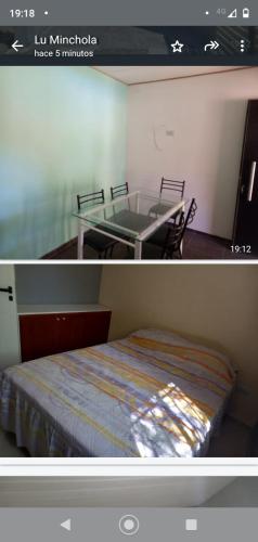 deux photos d'une chambre avec un lit et une table en verre dans l'établissement Cabañas La Mimi, à Villa Anizacate