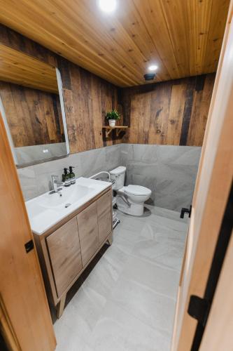 a bathroom with a sink and a toilet at Boulder Mountain Resort in Revelstoke