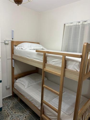 a bunk room with two bunk beds with white pillows at Tirana Lemon Breeze Hostel in Tirana