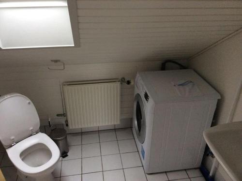 ein kleines Bad mit einem WC und einer Waschmaschine in der Unterkunft Aarstidernes BB in Silkeborg
