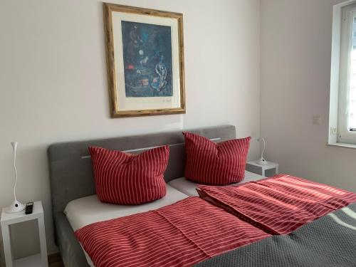 a bed with red pillows and a picture on the wall at Ferienhaus SeenSuchtLausitz in Großräschen