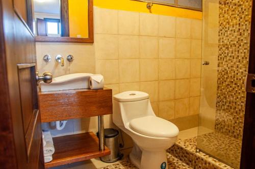 a bathroom with a toilet and a sink and a shower at Hotel Casa de las Rosas in Cuenca