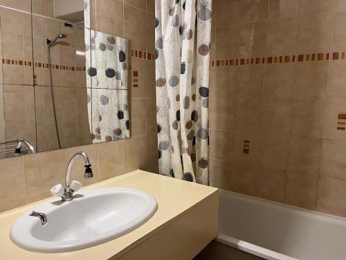 une salle de bain avec un lavabo et une douche dans l'établissement Studio cabine cosy avec parking à Gruissan, 4 pers., proche port et commerces - FR-1-796-80, à Gruissan