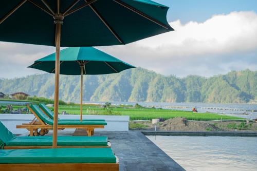 two lounge chairs with umbrellas on the edge of a pool at D Sila's Tepi Danu Villas Kintamani & Natural hot spring in Kintamani