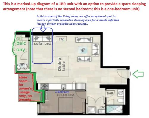 a floor plan of a unit with an option to provide a space sleeping arrangement at Amazing 1 Bedroom Apt with Large living & extra sleeping space -up to 5 ppl Plus Gym Jacuzzi Spa Pool Sauna and Garden with BBQ in Sydney