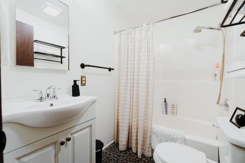 a bathroom with a sink and a shower curtain at Spacious North Cascades Riverside A-Frame with Mt Baker Views - Dog-Friendly in Concrete