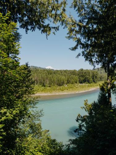a view of a lake through the trees at Spacious North Cascades Riverside A-Frame with Mt Baker Views - Dog-Friendly in Concrete