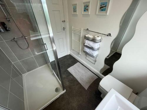 a bathroom with a shower and a toilet and towels at Kingsbury Apt 2 in Birmingham