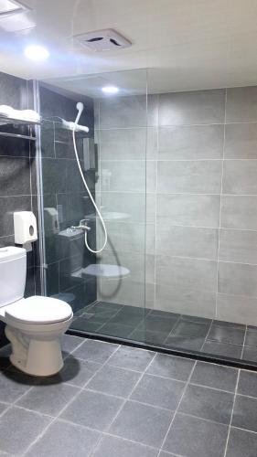a bathroom with a shower and a toilet at 嵐茵鐵道旅館 in Tainan