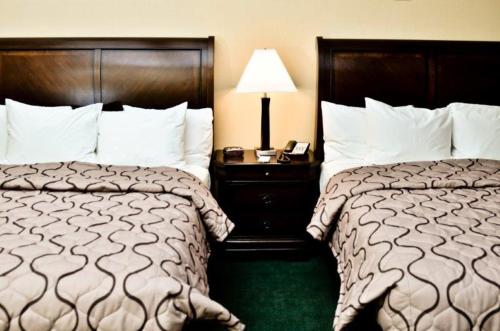 a hotel room with two beds and a table with a lamp at Pacer Inn & Suites Motel in Delaware