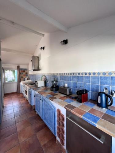 une grande cuisine avec du carrelage bleu sur les comptoirs dans l'établissement Villa pieds dans la mer de la Cote bleue, à Martigues