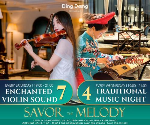 a flyer for a concert with two women playing violins at GRAND HOTEL du LAC Hanoi in Hanoi