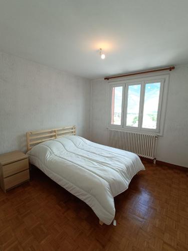 une chambre avec un grand lit blanc et une fenêtre dans l'établissement 75m apartment in Saint-Jean-de-Maurienne, à Saint-Jean-de-Maurienne