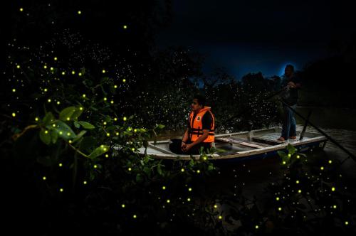 a man is sitting on a boat in the water at Kuala Selangor Hotel in Kuala Selangor