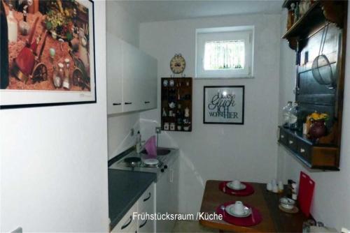 a small kitchen with a table in a room at Ferienwohnung am Rentierweg in Rathenow