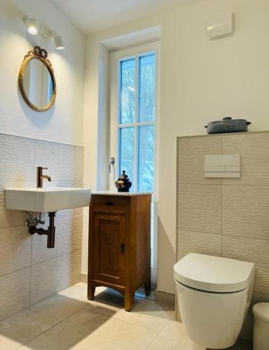 a bathroom with a sink and a toilet and a mirror at Ferienhaus Slichtemolen in Saal