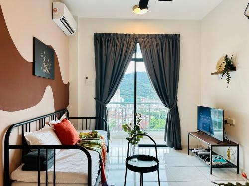 a bedroom with a bed and a large window at New The Sun Homestay at Sg Nibong nearby Queensbay or PISA or FTZ Bayan Lepas HENG in Bayan Lepas