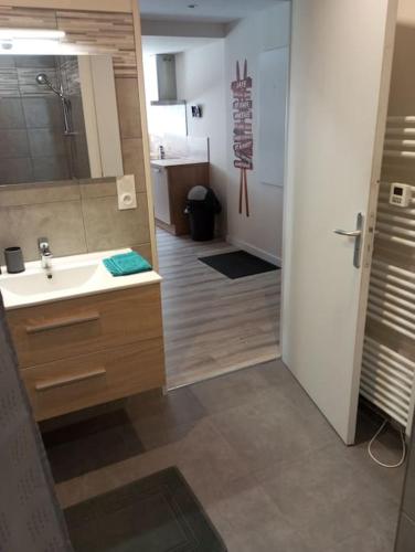 La salle de bains est pourvue d'un lavabo, d'un miroir et d'une porte. dans l'établissement Appartement 11 personnes, à Saint-Laurent-du-Cros