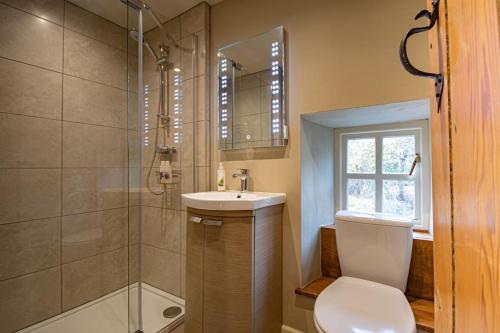 ein Badezimmer mit Toilette, Waschbecken und Dusche in der Unterkunft Riverside Cottage Alstonefield Peak District in Alstonfield