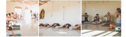three pictures of people doing yoga in a room at Aqua Sun in Nuweiba