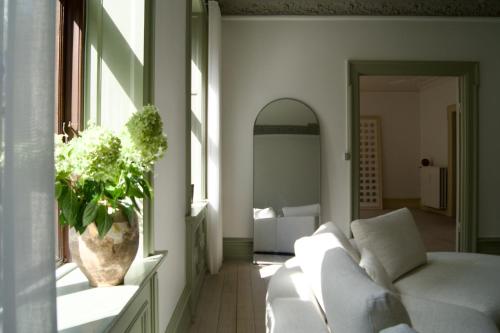 a living room with a white couch and a potted plant at SJ Apartment in Aarhus