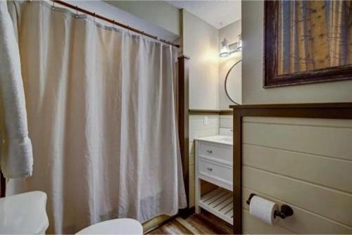 Un baño con cortina de ducha y lavabo. en Emmas Rare Find By Beyond Expectations W Hot Tub, en Sevierville